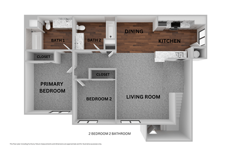 Floor plan for 2 beds, 2 baths, 1000 sqft